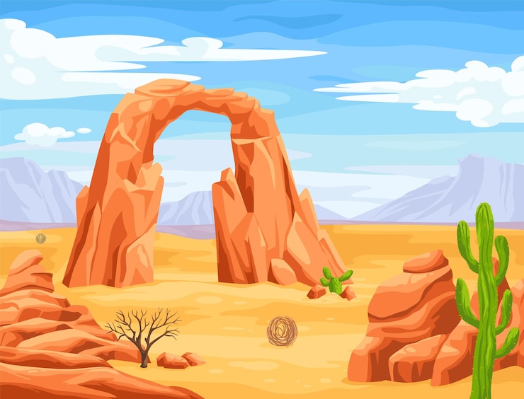 Wektor pustynny łuk zachodni kanion utah afryka sahara kreskówkowy krajobraz gorąca sucha natura tumbleweed brud skała tumble weed kraj meksykański dziki zachód grę tło pomysłowa ilustracja
