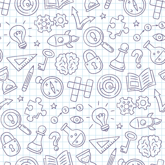 Puzzle i zagadki. Ręcznie rysowane wzór z krzyżówka, labirynt, mózg, szachy, żarówka do quizu matematyki projektowania. Ilustracja wektorowa w stylu bazgroły na tle kwadratowy zeszyt.