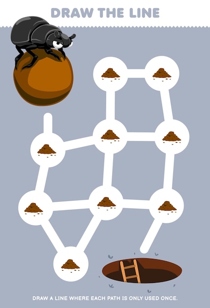 Plik wektorowy puzzle labiryntowe dla dzieci pomagają słodkiemu chrząszczowi z kreskówek zbierać brud drukowalny arkusz z błędami