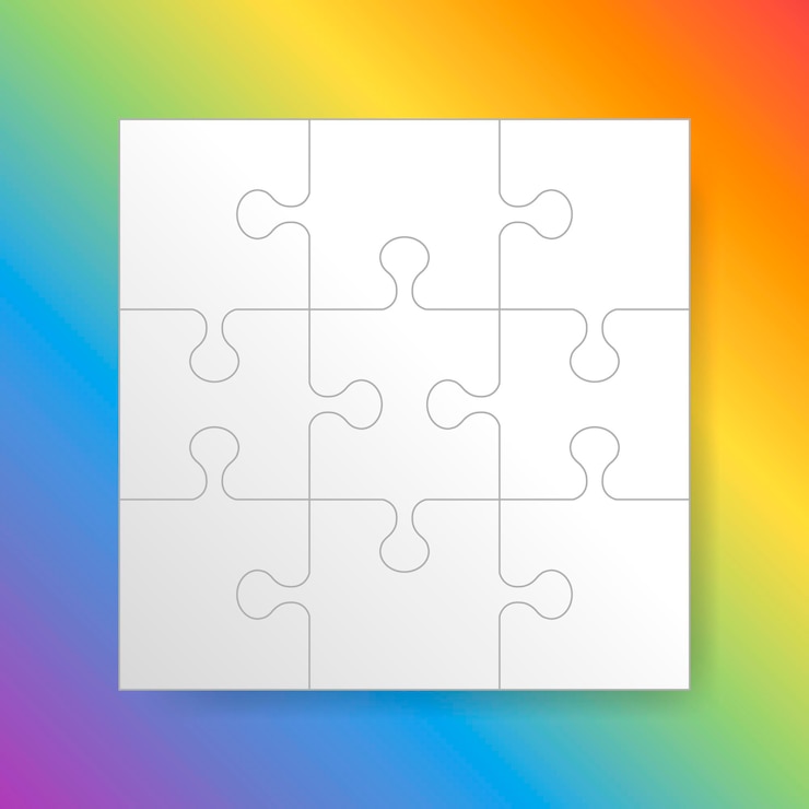 Wektor puzzle transparent, puste, na tle tęczy. szablon przekroju układanki. ilustracja wektorowa nowoczesne.