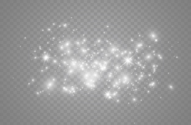 Pył iskry i złote gwiazdy świecą specjalnym światłem. Błyszczy na przezroczystym tle. Świąteczny efekt świetlny. Lśniące magiczne cząsteczki kurzu.