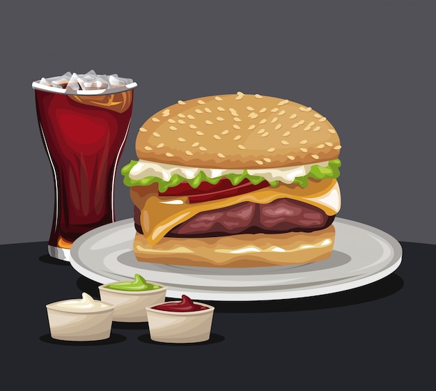Plik wektorowy pyszne hamburgery soda zimno sosy fast food jedzenie