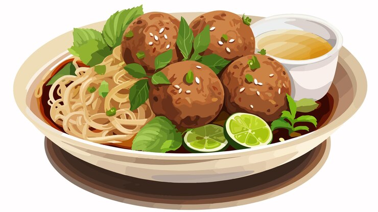 Wektor pyszne indonezyjskie bakso tahu telor kulinarna rozkosz tradycyjnego dania z makaronem z mięsnymi kulkami