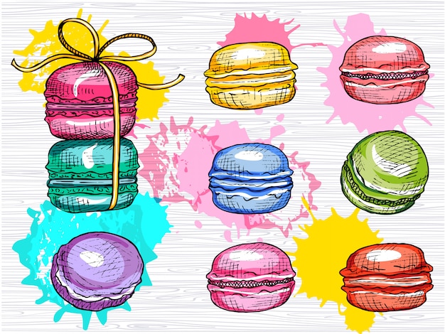 Pyszne Macarons Zestaw Na Białym Tle. Kolekcja Kolorowych Macarons. Słodki, Kolor, Ciasta, Obiad, Przerwa. Ręcznie Rysowane Ilustracji.