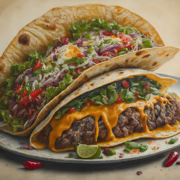 Plik wektorowy pyszne meksykańskie tacos z wołowiną, awokado, sosem i serem.
