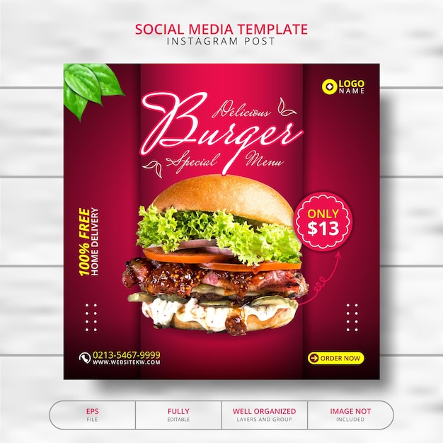 Pyszny Burger Do Promocji Szablonów Postów W Mediach Społecznościowych