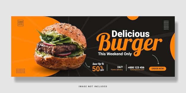 Pyszny burger i menu z jedzeniem okładka w mediach społecznościowych lub szablon banera internetowego