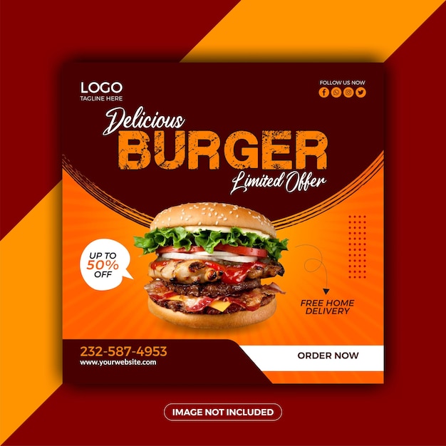 Pyszny Burger I Menu żywności Szablon Mediów Społecznościowych Wektor Premium