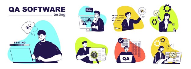 QA Software Testing concept set for web design Collection with people inspecting programs examining code finding bugs and defects in scripts quality assurance with reports Vector illustration
