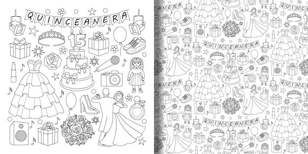 Quinceanera Doodle Zestaw Obiektów I Wzór Bez Szwu