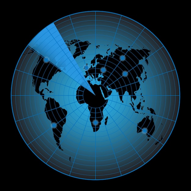 Plik wektorowy radarowa mapa świata ekran i wyświetla grafikę wektorową celu i kontynentu
