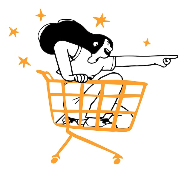 Plik wektorowy radośna kobieta w koszyku z zakupami zabawna ilustracja wektorowa