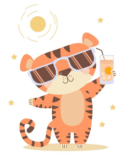 Radosny Szczęśliwy Zadowolony Tygrys Z Okularami Przeciwsłonecznymi I Koktajlem Podczas Relaksu Pod Słońcem Słodkie Zwierzę