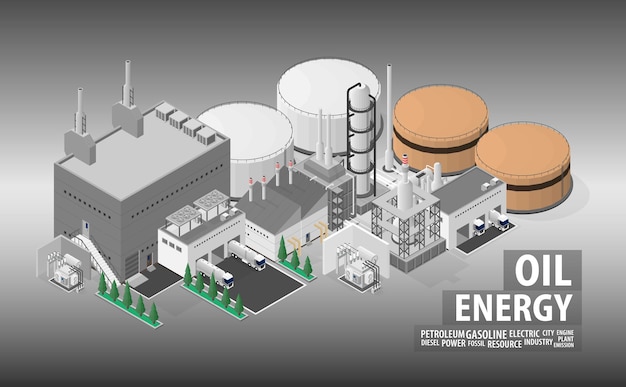 Plik wektorowy rafineria elektrowni naftowej z energią oleju napędowego z grafiką izometryczną