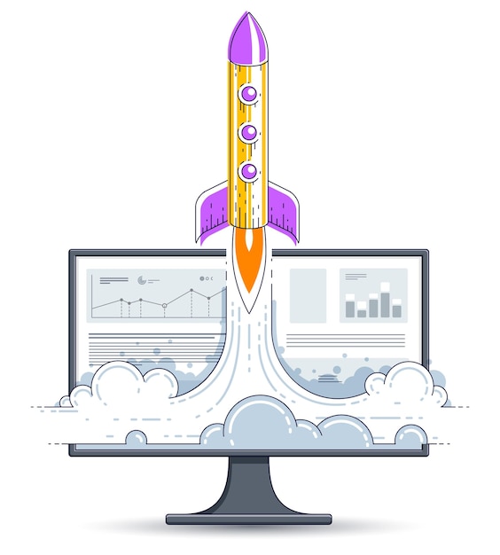 Plik wektorowy rakieta startowa startu nad monitorem komputera, latająca rakieta kosmiczna, aby uruchomić koncepcję biznesową internetu, finanse online, rynek lub sklep, ilustracji wektorowych.
