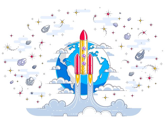 Plik wektorowy rakieta startuje z ziemi w kosmos, aby odkryć nieodkryte, otoczone kometami, asteroidami, meteorami, gwiazdami i innymi elementami. eksploruj wszechświat, nauka o kosmosie. cienka linia 3d ilustracji wektorowych.