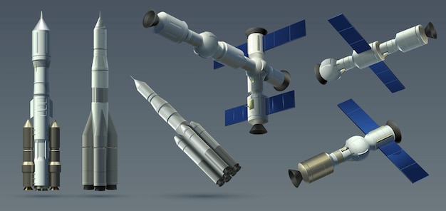 Rakiety kosmiczne. Realistyczna kolekcja statków kosmicznych i stacji kosmicznych 3D, automatyczna makieta stacji satelitarnej i międzyplanetarnej. Ilustracja wektorowa ciężkie rakiety i moduły kosmiczne ustawione na szarym tle