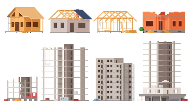 Rama Domów Proces Budowy Różnych Typów Budynków Plac Budowy Ilustracja Wektora