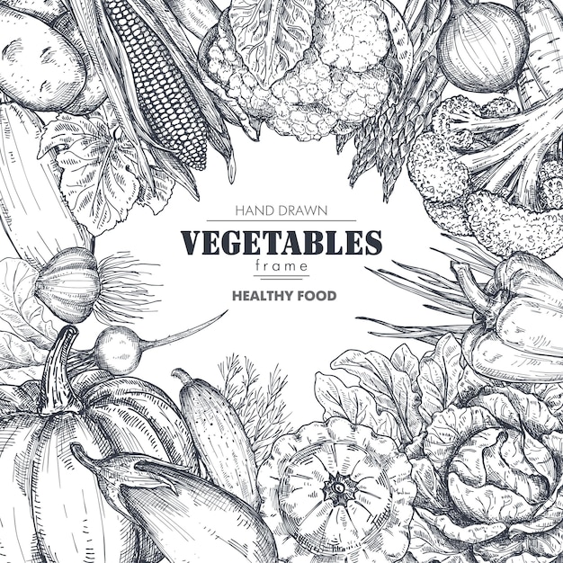 Plik wektorowy rama z ręcznie rysowane wektor warzywa gospodarskie w stylu szkicu skład obramowania kwadratowego