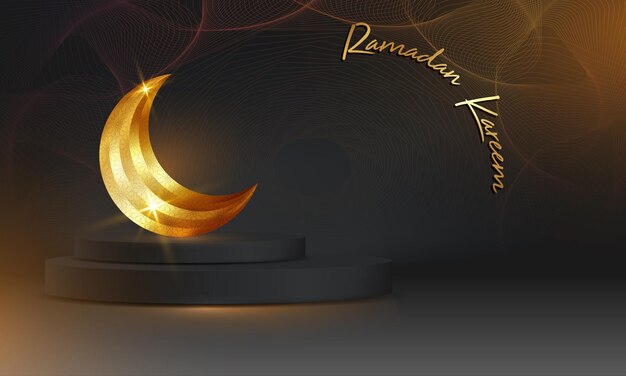 Plik wektorowy ramadan 3d luksusowe islamskie podium z złotym półksiężycem tradycyjnej islamskiej okrągłej ramy