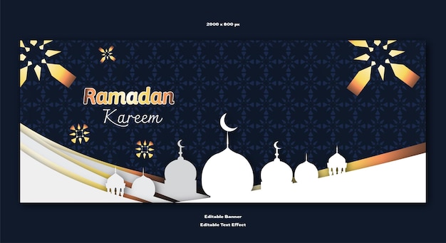 Plik wektorowy ramadan banner z edytowalnym efektem tekstowym i stylem cięcia papieru w kolorze granatowym