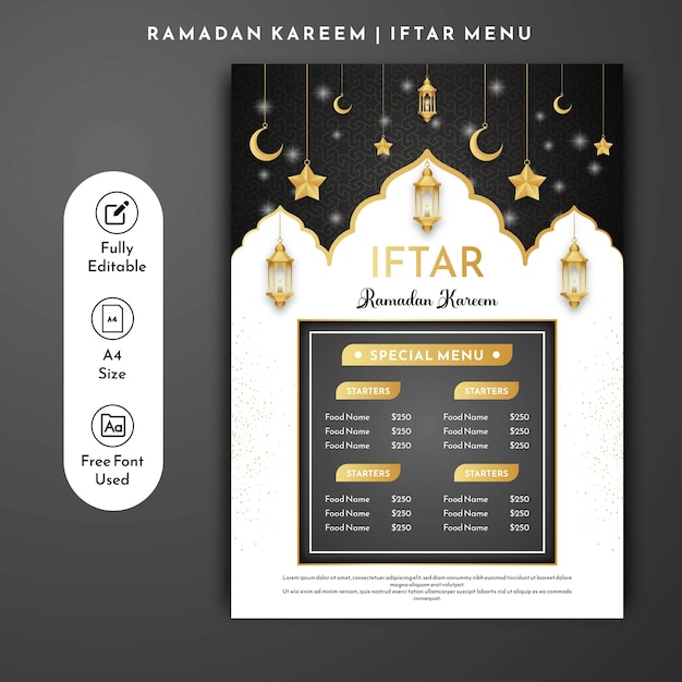 Plik wektorowy ramadan iftar menu design tradycyjne islamskie iftar menu rozmiar a4