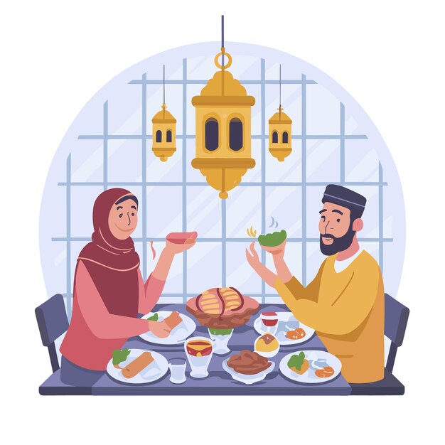 Plik wektorowy ramadan iftar z ludźmi jedzącymi posiłek.