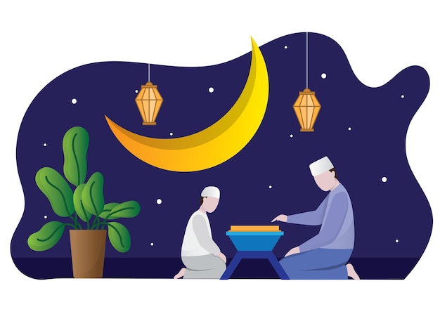 Ramadan Ilustracja Koncepcja Rodzina Czytanie Koranu Muzułmański Chłopiec Czytający Koran Księga Ramadan Kreskówka
