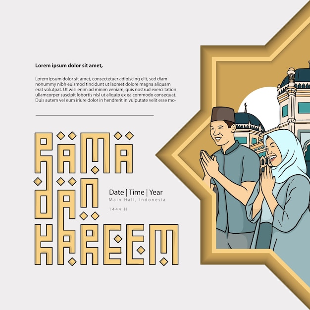 Ramadan ilustracja z islamskimi ludźmi i meczetem na sztandar lub ulotkę