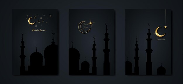 Ramadan Kareem 2023 wektor zestaw kartkę z życzeniami Złoty półksiężyc na czarnym tle