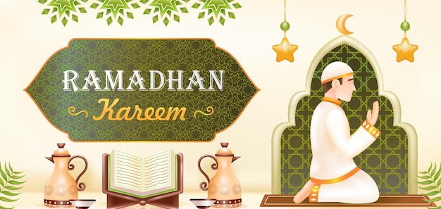 Ramadan Kareem. 3d Ilustracja Meczetu, Lampy, Bębna, Podium I Modlącego Się Mężczyzny