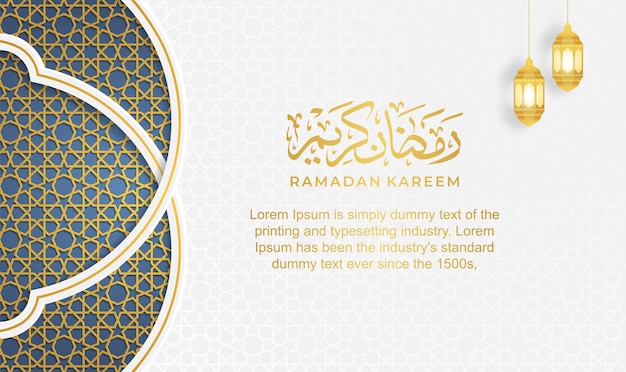 Ramadan Kareem Arabski Islamski Biały I Złoty Luksusowy Tło Ozdobne Z Islamskim Wzorem I Dekoracyjnymi Latarniami