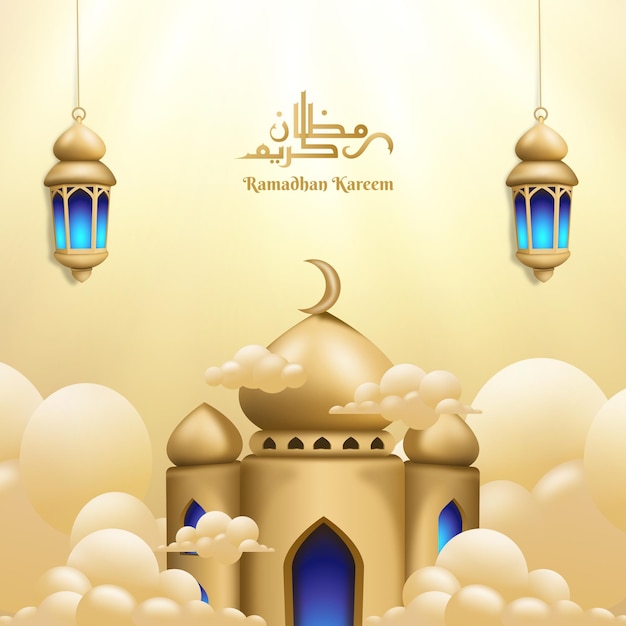 Ramadan kareem banner z meczetem i latarniami islamskimi elementami ilustracji wektorowych