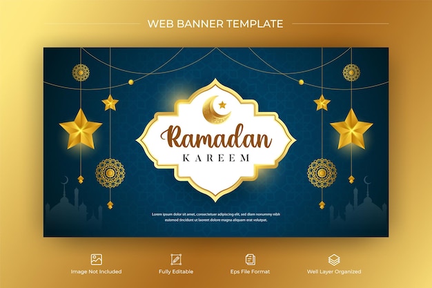 Plik wektorowy ramadan kareem błyszczący i kolorowy islamski poziomy szablon baneru internetowego