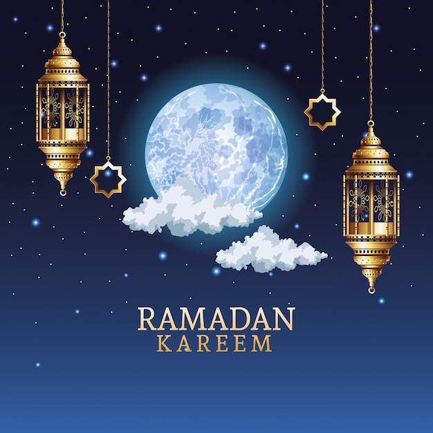 Plik wektorowy ramadan kareem celebracja ze złotymi latarniami wiszące ilustracji