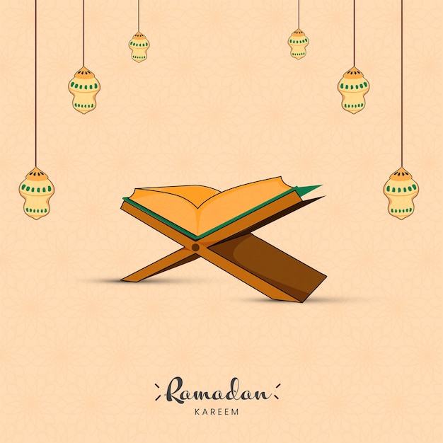 Plik wektorowy ramadan kareem concept z otwartą księgą świętego koranu w rehal i wiszące lampy ozdobione na tle brzoskwiniowego kwiatowy wzór