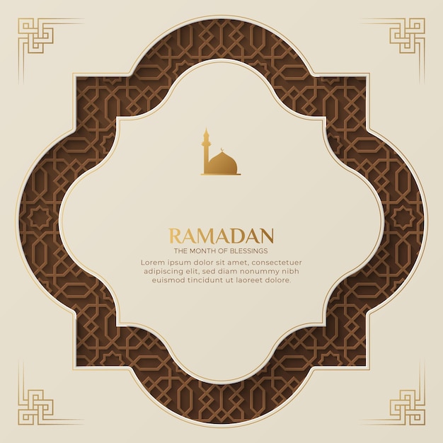 Ramadan Kareem dekoracyjny islamski szablon kartki powitalnej z arabeską granicą i wzorem