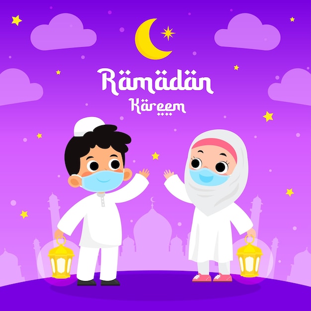 Ramadan Kareem Greeting Card Vector Design Muzułmańskie dziecko kreskówka noszące maskę na twarz