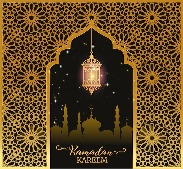 Plik wektorowy ramadan kareem ilustracja z arabską lampionem i złotym ozdobnym tłem