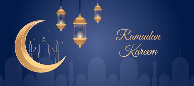 Ramadan Kareem Islamska Kartka Powitalna Tło Ilustracja Wektorowa Złoty Księżyc I Lampa Wzór Szablon Ilustracji Z 3d Realistyczną Złotą Latarnią