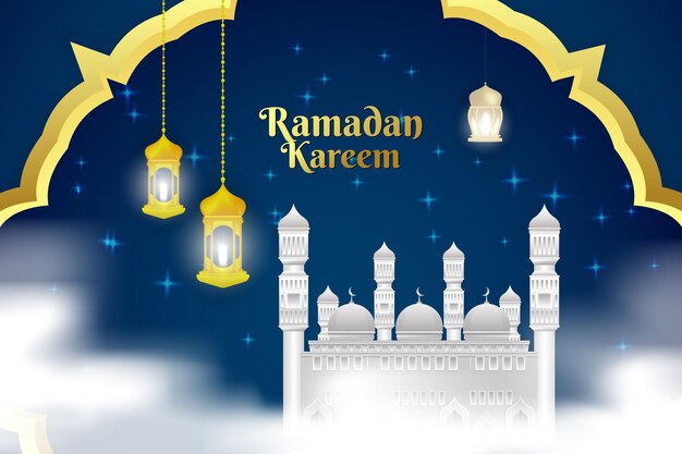 Ramadan Kareem Islamski Kolor Tła Niebieski Z Białym Meczetem I Elementem