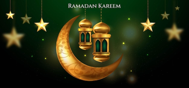 Plik wektorowy ramadan kareem islamskie powitanie tło z półksiężycem, latarnią, gwiazdą i arabskim wzorem