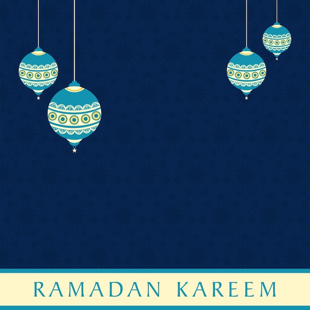 Ramadan Kareem Kartkę Z życzeniami Z Arabskimi Lampionami Powiesić Na Niebieskim Tle Wzór Kwiatowy Lub Mandala