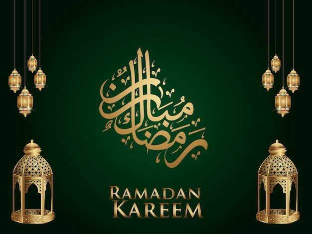 Ramadan kareem kartkę z życzeniami ze złotym wzorem i zielonym tłem.