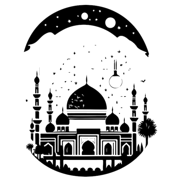 Ramadan Kareem Księżyc Z Jerozolimą Ilustracja Meczetu Szkic Ręczny Rysunek