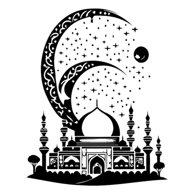 Ramadan Kareem Księżyc Z Jerozolimą Ilustracja Meczetu Szkic Ręczny Rysunek