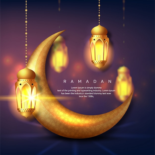 Ramadan Kareem lub Eid Mubarak Islamski projekt karty z pozdrowieniami ze złotą latarnią i półksiężycem