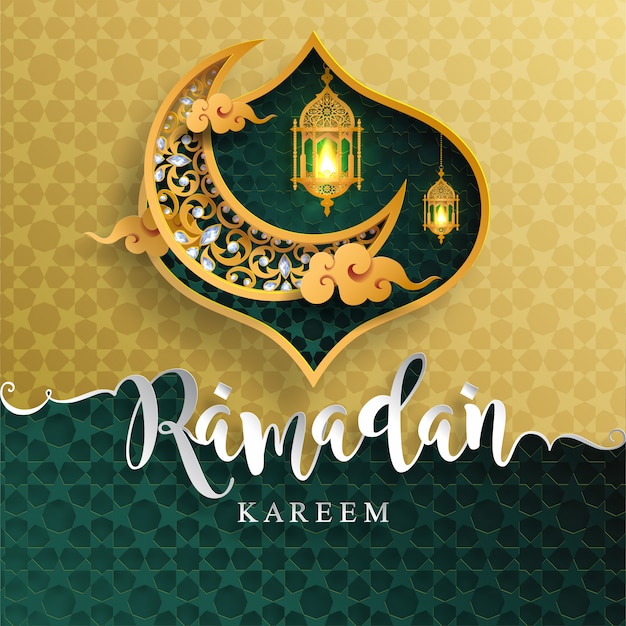 Ramadan Kareem Lub Eid Mubarak Pozdrowienie Tła Islamska Z Wzorzyste Złoto I Kryształy Na Tle Koloru Papieru.