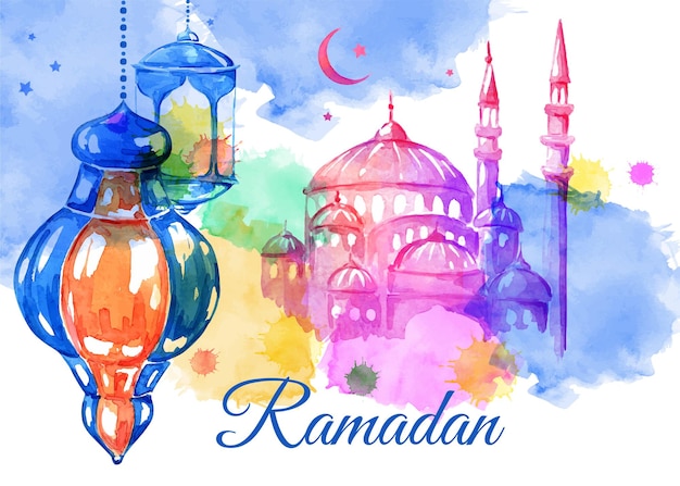 Plik wektorowy ramadan kareem meczet noc niebieskie tło pozdrowienia wektor akwarela