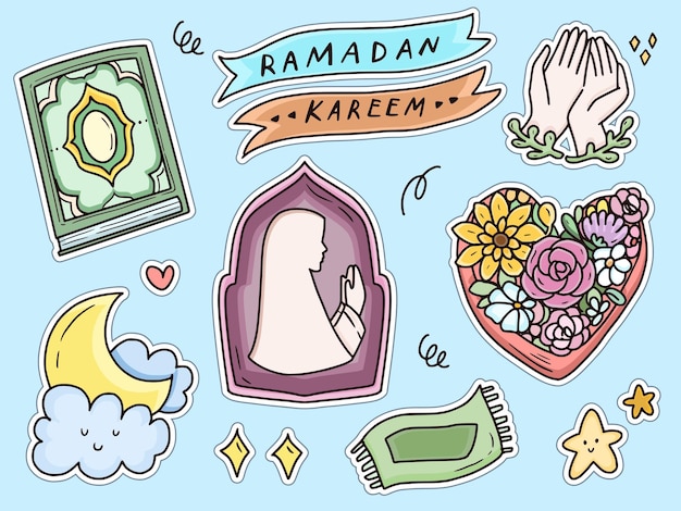 Ramadan Kareem Modlący Się Zestaw Doodle Naklejki